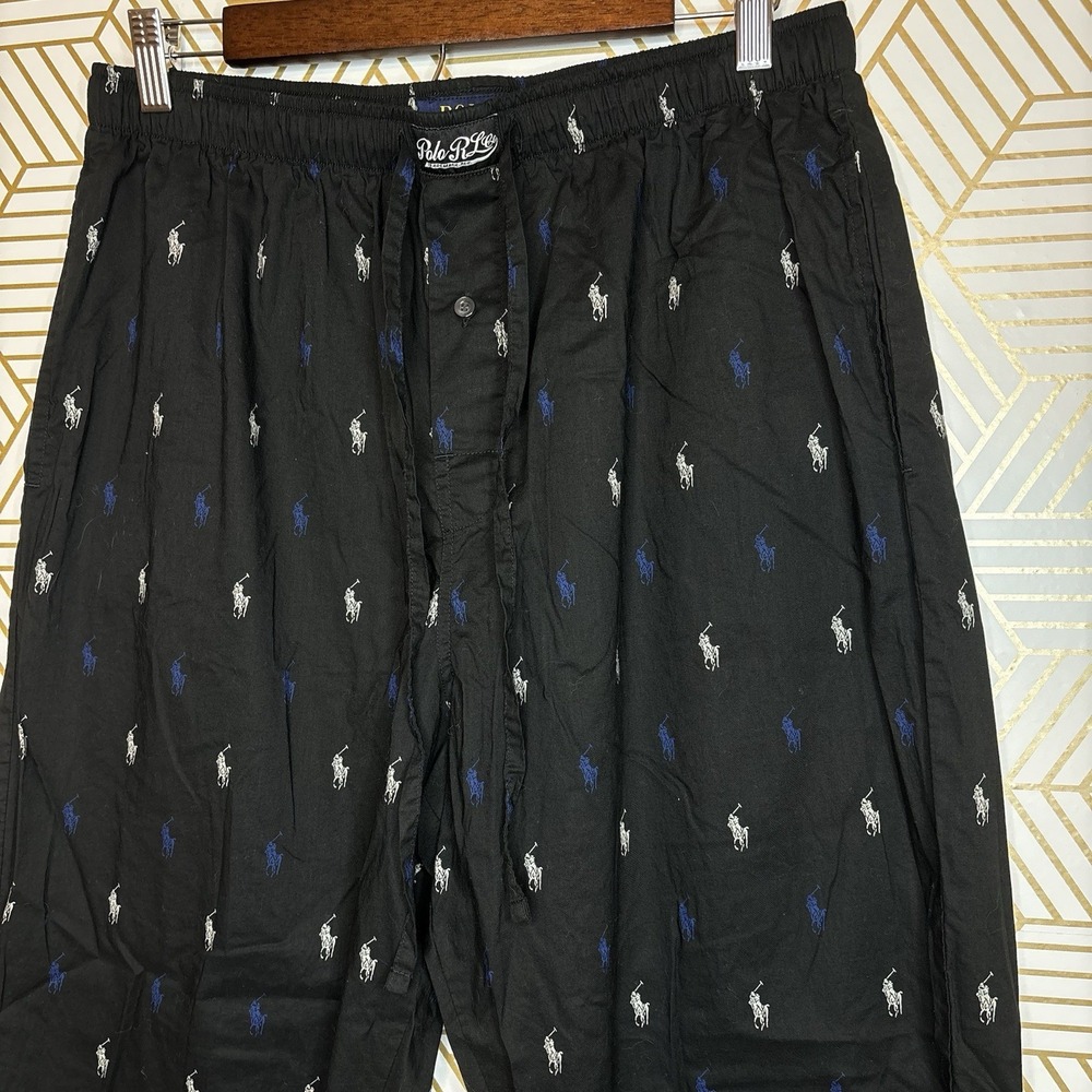 Polo Ralph Lauren Pajama Pants Mens Large Black Pony Logo Print Cotton Sleepwear